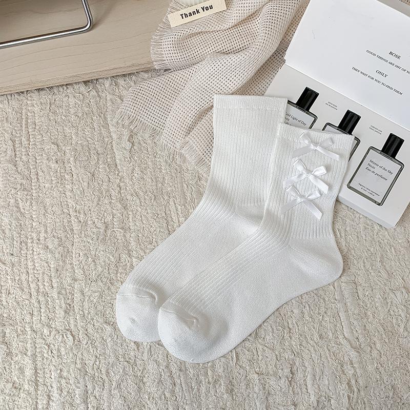 Bow-tie Socks for Girls, Lolita Mary Jane Solid-colored Mid-top Cotton Socks, Versatile for Spring and Autumn