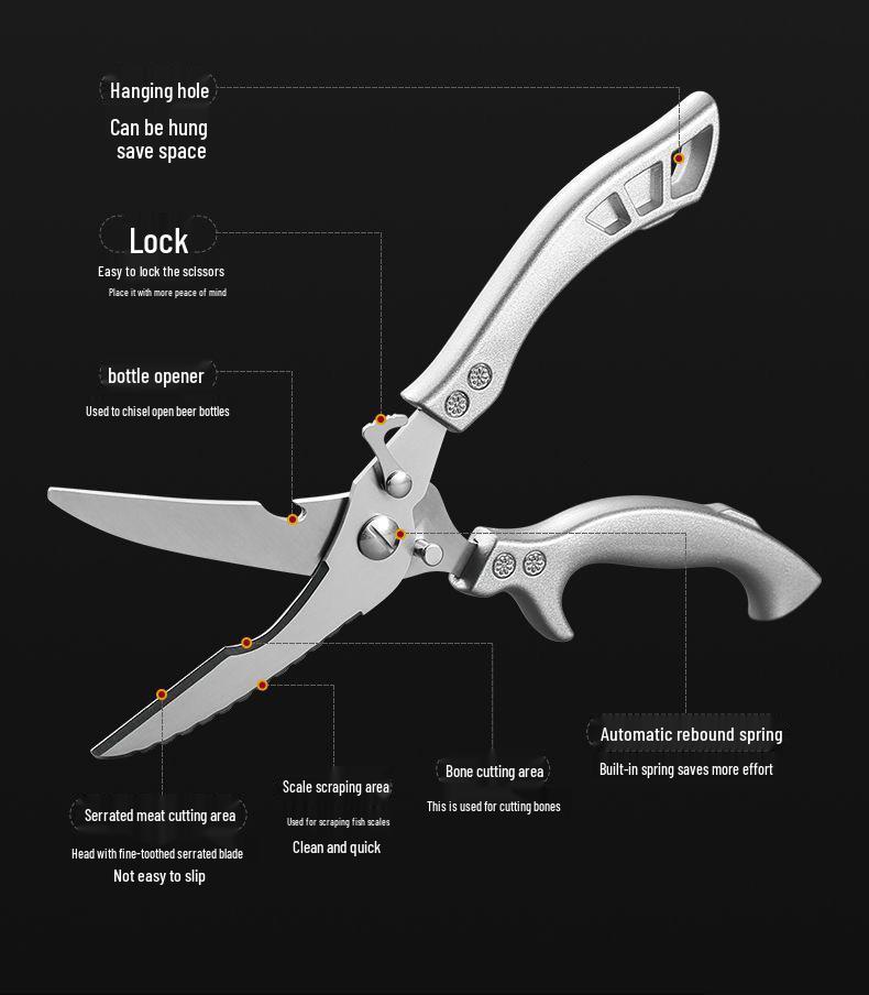 Heavy-Duty Stainless Steel Kitchen Scissors - Multi-Functional for Fish and Bone Cutting