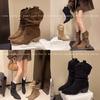 Knight Boots Suede 2025 Autumn Mid-tube Boots Pointed Head Beautiful Thick Heel Piled Boots Women's Retro Folds New Thin Rad