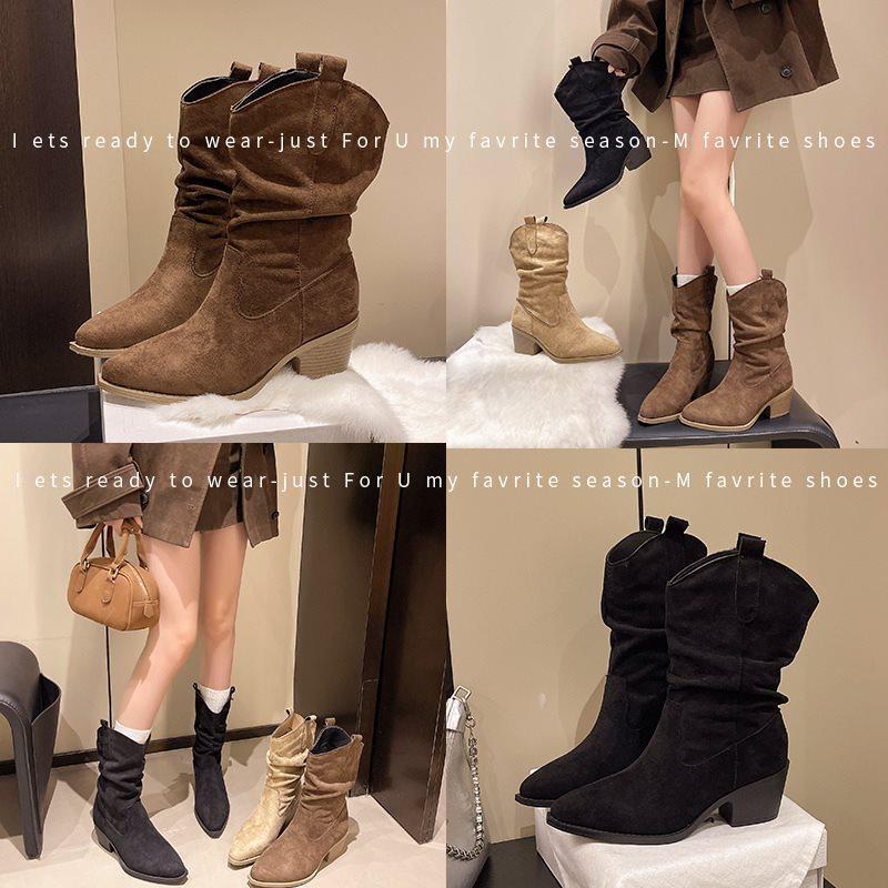Knight Boots Suede 2025 Autumn Mid-tube Boots Pointed Head Beautiful Thick Heel Piled Boots Women's Retro Folds New Thin Rad