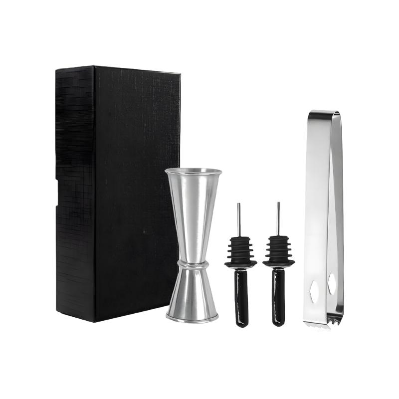 Hochwertiges rostfreies Stahl-Barkeeper-Werkzeugset mit Eiswürfelzange, Ausgießern und Messbecher für Zuhause, Pubs und die Zubereitung von Cocktails