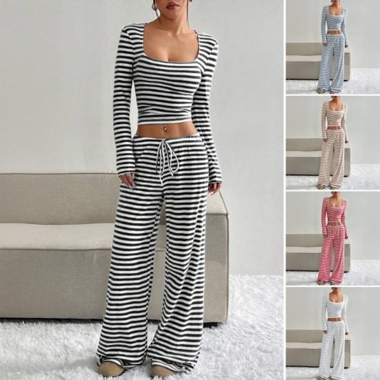Women's Striped 2 Piece Outfits Long Sleeve Square Neck Cropped Top Drawstring Wide Leg Pants Set Casual Lounge Sweatsuits