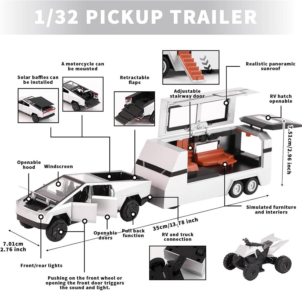 1Set 3PCS Silver Cyber Truck Toy with RV & Motorcycle with Sound and Light Alloy