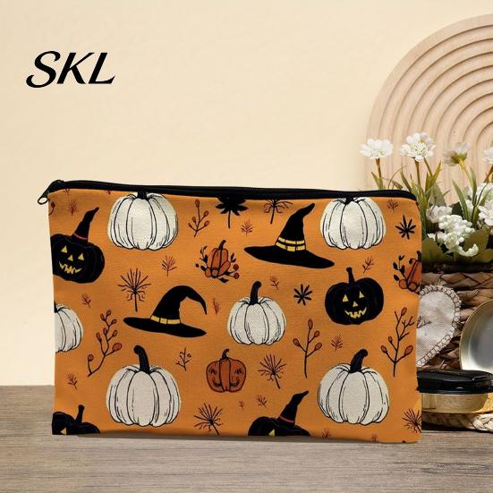 Spill Proof Stationery Holder Storage Bag, with Halloween Pumpkin Ghost Print, Smooth Themed Travel Bag Zipper Canvas Makeup for Cosmetic Organizer
