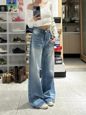 Plus Size American Fashion Sle Plissee gewaschen Retro Wide Leg Jeans Frauen hohe Taille Wischhose lose gerade Schlankheitshose
