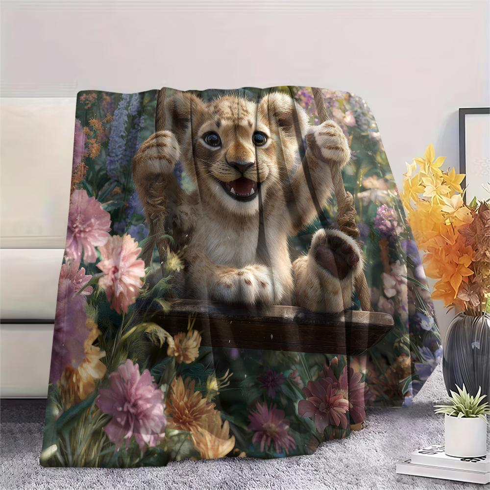 Little Lion pattern Flannel Blanket, High quality Comfortable for All Seasons, Home Decor, Warmth and Comfort, Perfect for Gifts.