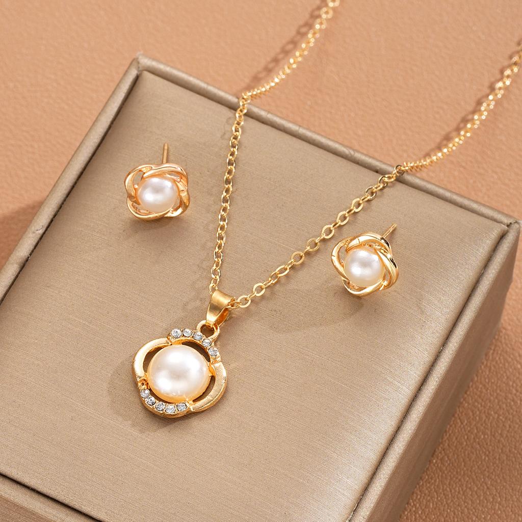 IF ME 3Pcs/Set Zircon Imitation Necklace Earring for Women Elegant Geometry Gold Color Jewelry Set Fashion Party Gift