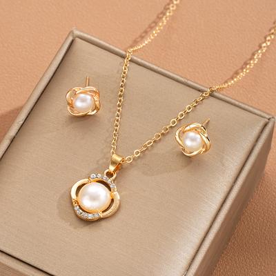 3Pcs/Set Zircon Imitation Necklace Earring for Women Elegant Geometry Gold Color Jewelry Set Fashion Party Gift
