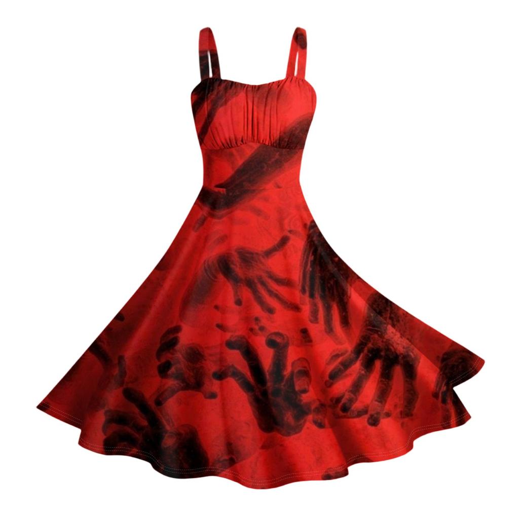 Dámské vintage bez rukávů plisované patchworkové roztomilé A-line lemované halloweenské potištěné šaty