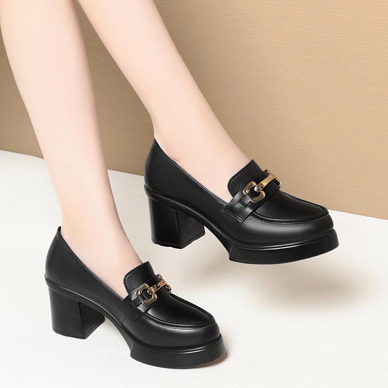 High Heels Work Shoes Black Metal Buckle Loafer Shoes Catwalk Women's Leather Shoes Single Shoes Dancing Shoes Elegant Fashion