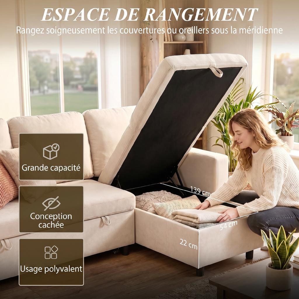 Divano angolare modulare convertibile con chaise longue reversibile, contenitore e 3 cuscini schienale, color crema