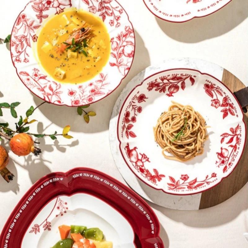 Ceramic Tableware Flower Pattern Bowl Plate Dish Dinner Plate Bread Dish Party Home Dinnerware Table Decoration Kitchen Utensils