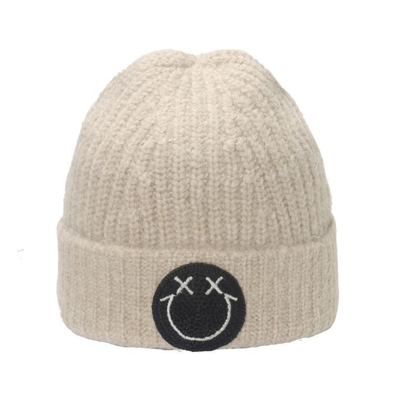 Strickmütze mit Smiley-Gesicht für Damen, Herbst und Winter, verdickt, warm, Pullovermütze, Radfahren, großer Kopfumfang, Pullovermütze, locker, Kältemütze für Damen