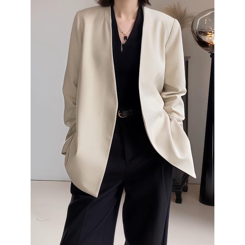 Women Loose Fit No Collar Blazer Spring Jacket Oversized Casual Suit Coat