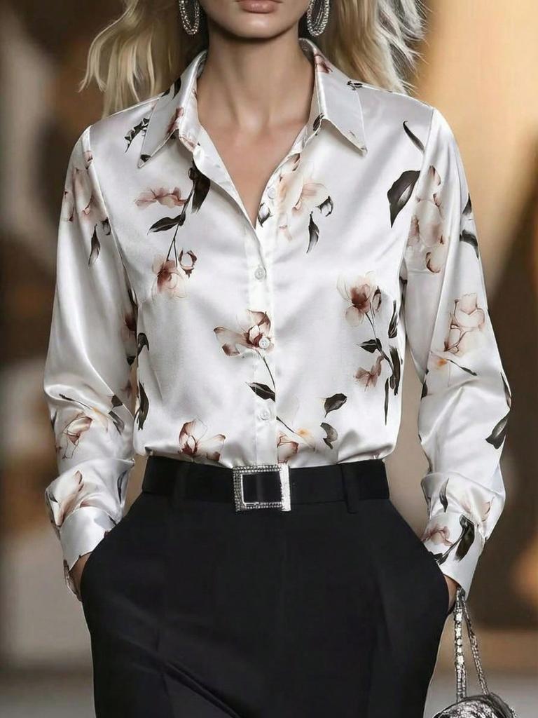 Floral Print Button Down Long Sleeve Shirt, Suitable For Dates, Holidays, Everyday, Birthday Parties, Singles Parties, Travel, Spring/Autumn Vacation