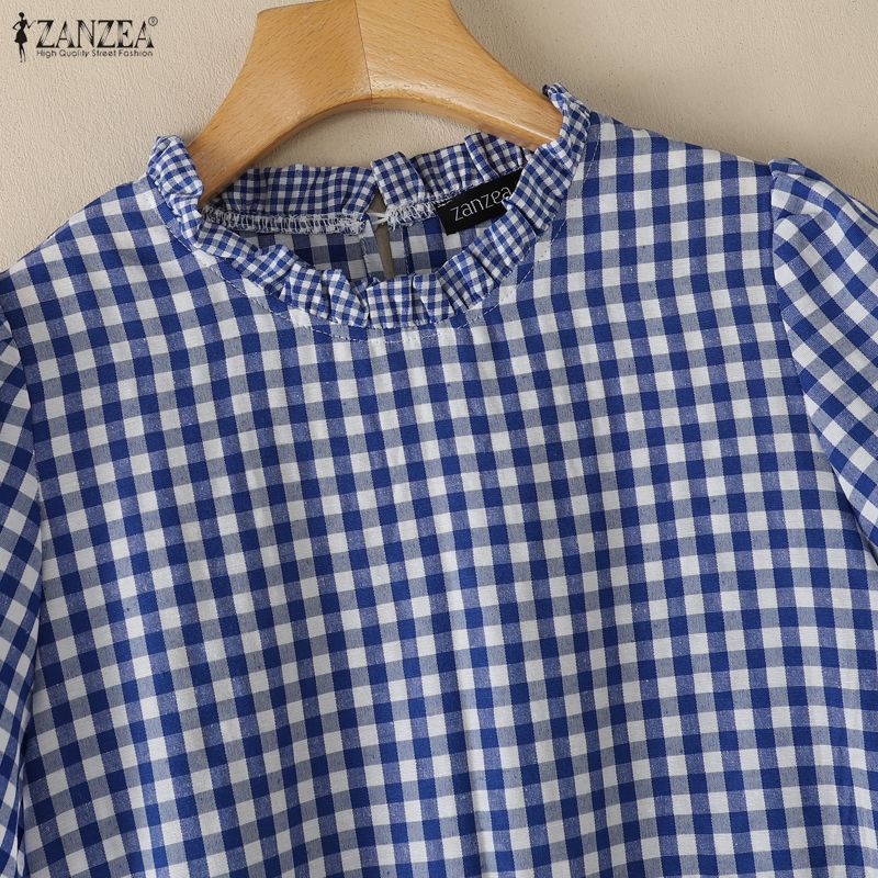 ZANZEA Women Casual Round Neck Plaid Print Loose Short Sleeve Blouse