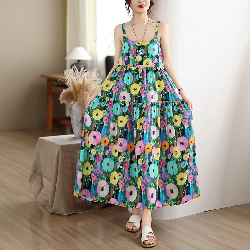 Sleeveless Strap Cotton Vintage Floral New In Dresses For Women Casual Long Summer Dress Elegant Clothing