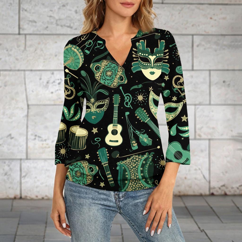 Women's 3/4 Sleeve Top With Cuffed Hem, V-Neck, Summer Casual -Shirt, Carnival Printed Top