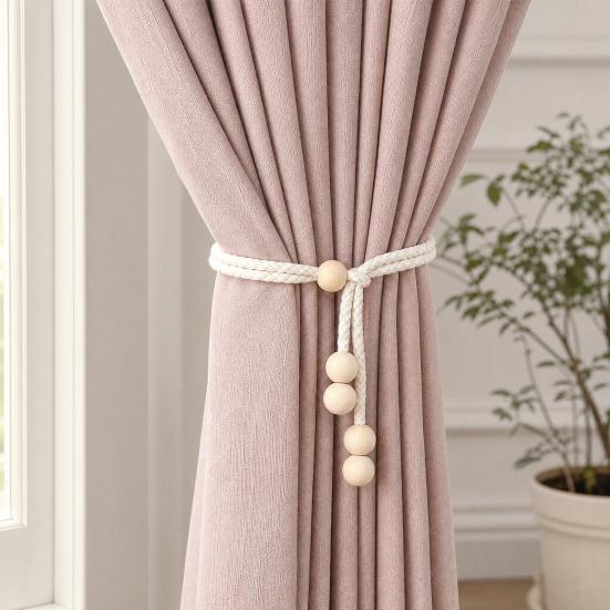 Cotton Rope Wooden Bead Curtain Tiebacks, No Drill Adjustable Window Curtain Holders, Boho Beige Farmhouse Decor for Living Room, Bedroom, Dorm