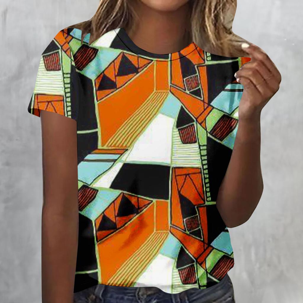 Summer Round Neck 3D Geometric Figure Print Top Fashionable Casual Short Sleeved Women's T-shirts