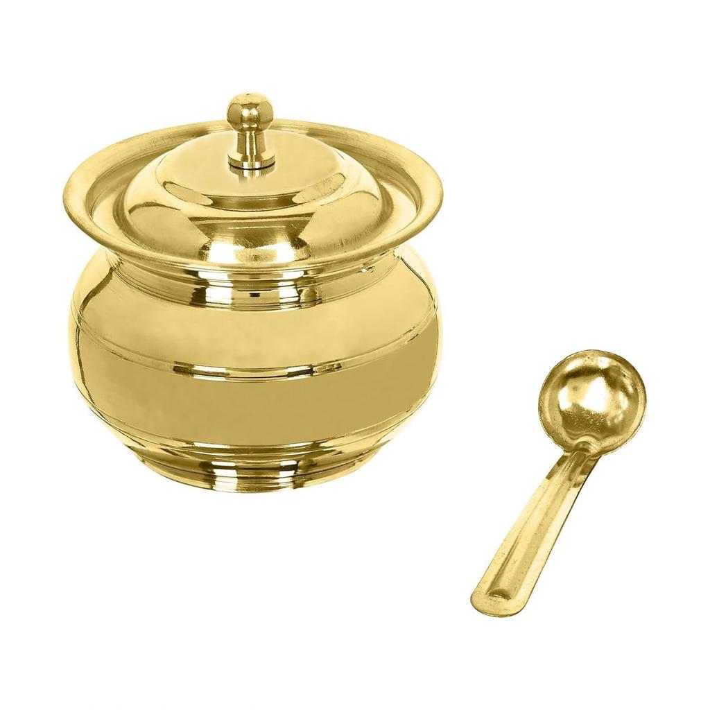 Golden Brass Multipurpose Ghee Pot/Pickle Container 400 ML with Embossed Designer Spoon …