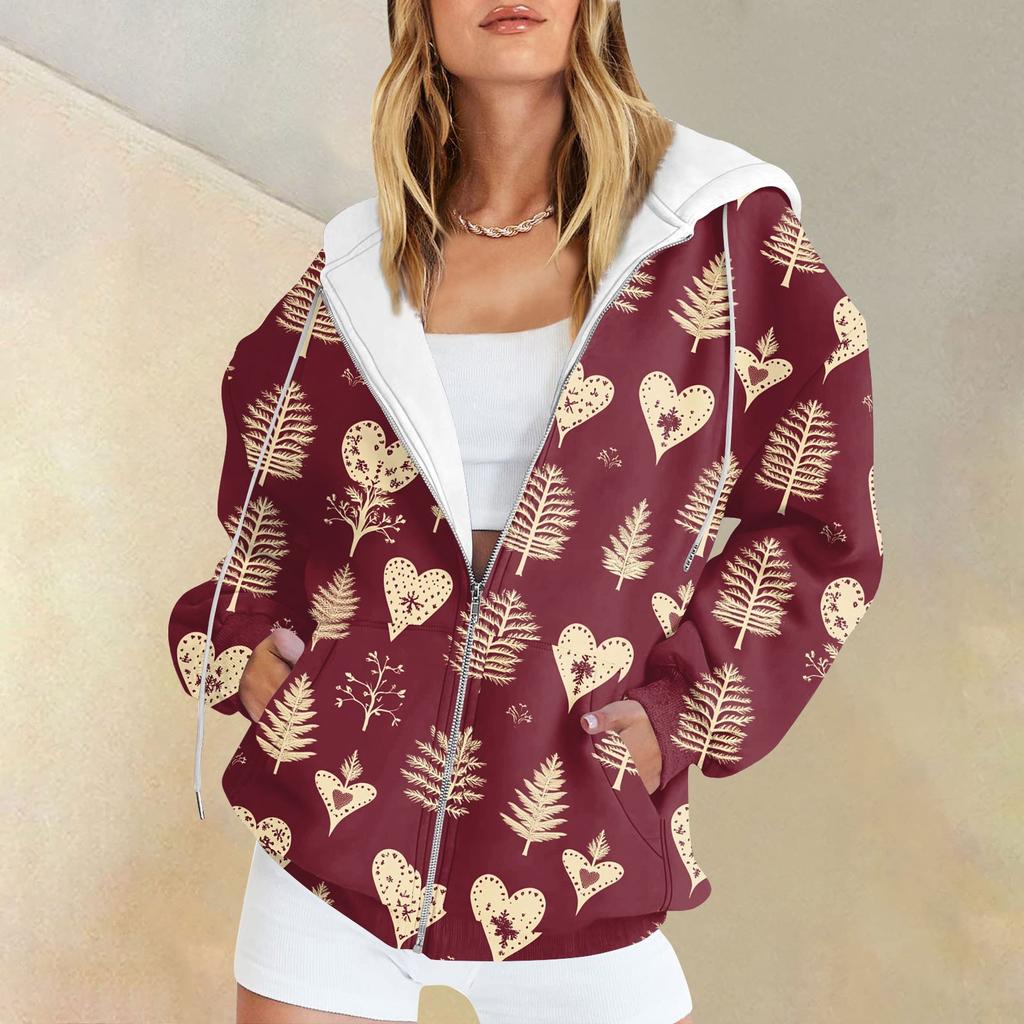 Women's Christmas Printed Sweatshirt Winter Long Sleeve Cardigan Jacket With Pockets Zipper Hoodie Outerwear