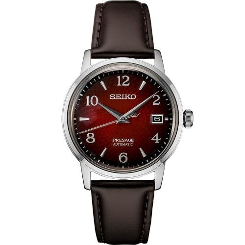 

SEIKO Men s Seiko Presage SRPE41 Brown Leather Red Automatic Watch