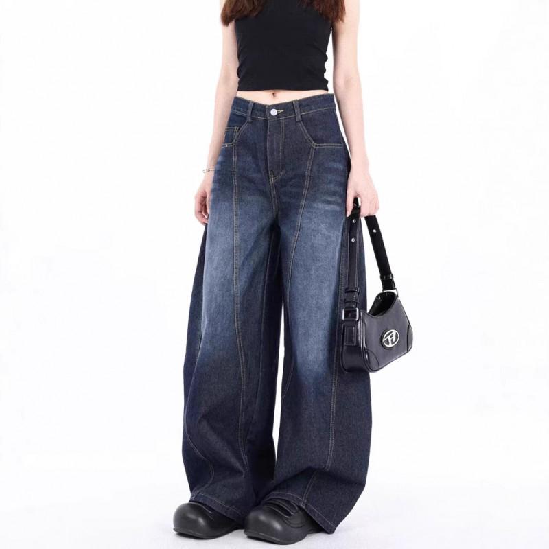 Womens High-Waisted Baggy Wide-Leg Denim Jeans Water Washed Blue Streetwear Style