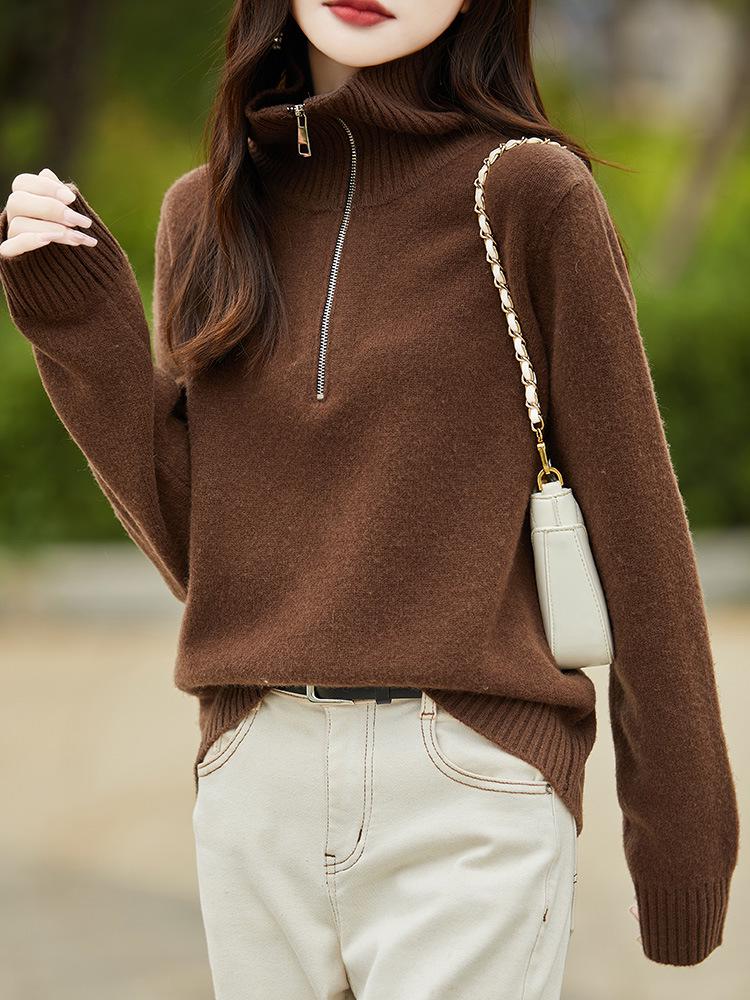 Women's Pure Australian Wool Half-Zipper Casual Lapel Sweater - Long-Sleeved & Thickened Base Layer