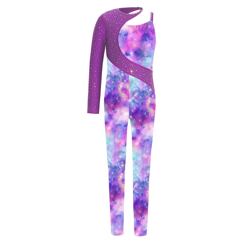 Girls Shiny Rhinestone Printed Gymnastics Jumpsuit Asymmetrical Full Length Bodysuit