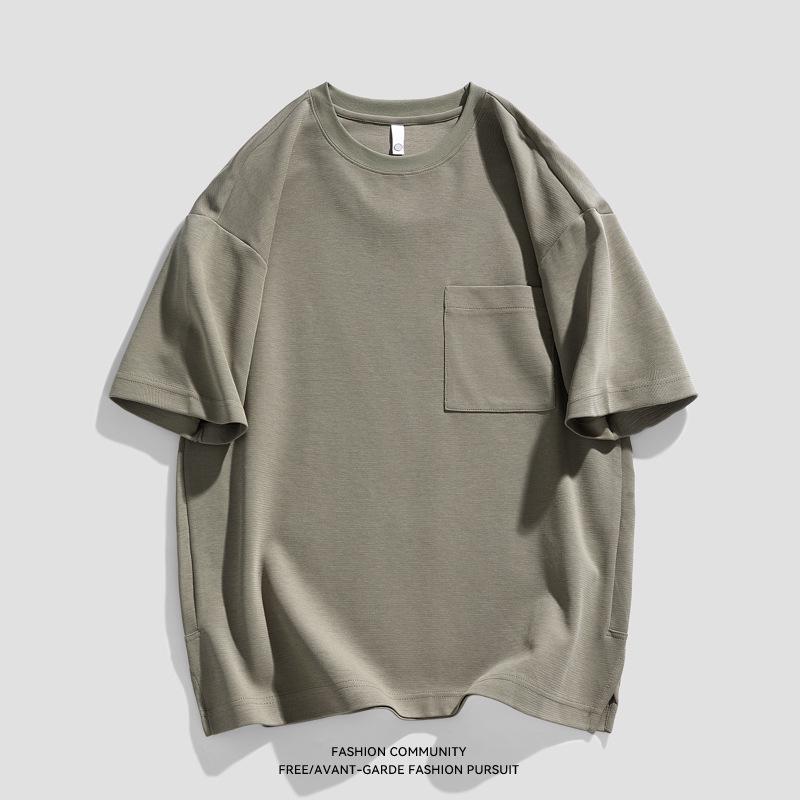 Men's Summer Heavyweight Pocket T-Shirt - Loose Fit, Solid Color, Short Sleeve, Slit Design.