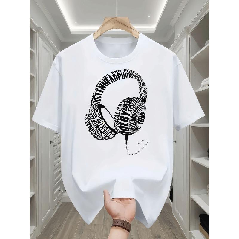 European Sizes Boys T Shirt Casual Trendy Music Headphone Word Art Pattern Kids Wear for Boys Sport Daily Holiday Outfit