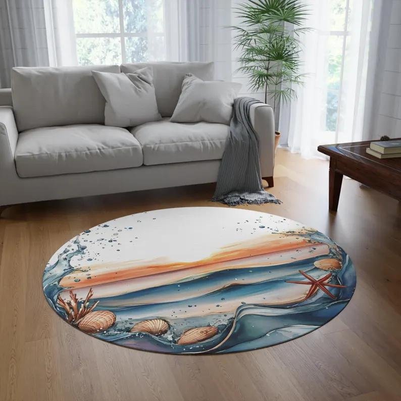 Ocean Wave Round Rug Starfish Beach Carpet Coastal Nautical Round Floor Rug Sea Shell Marine Decor Visual 3D Ocean Wave Decor