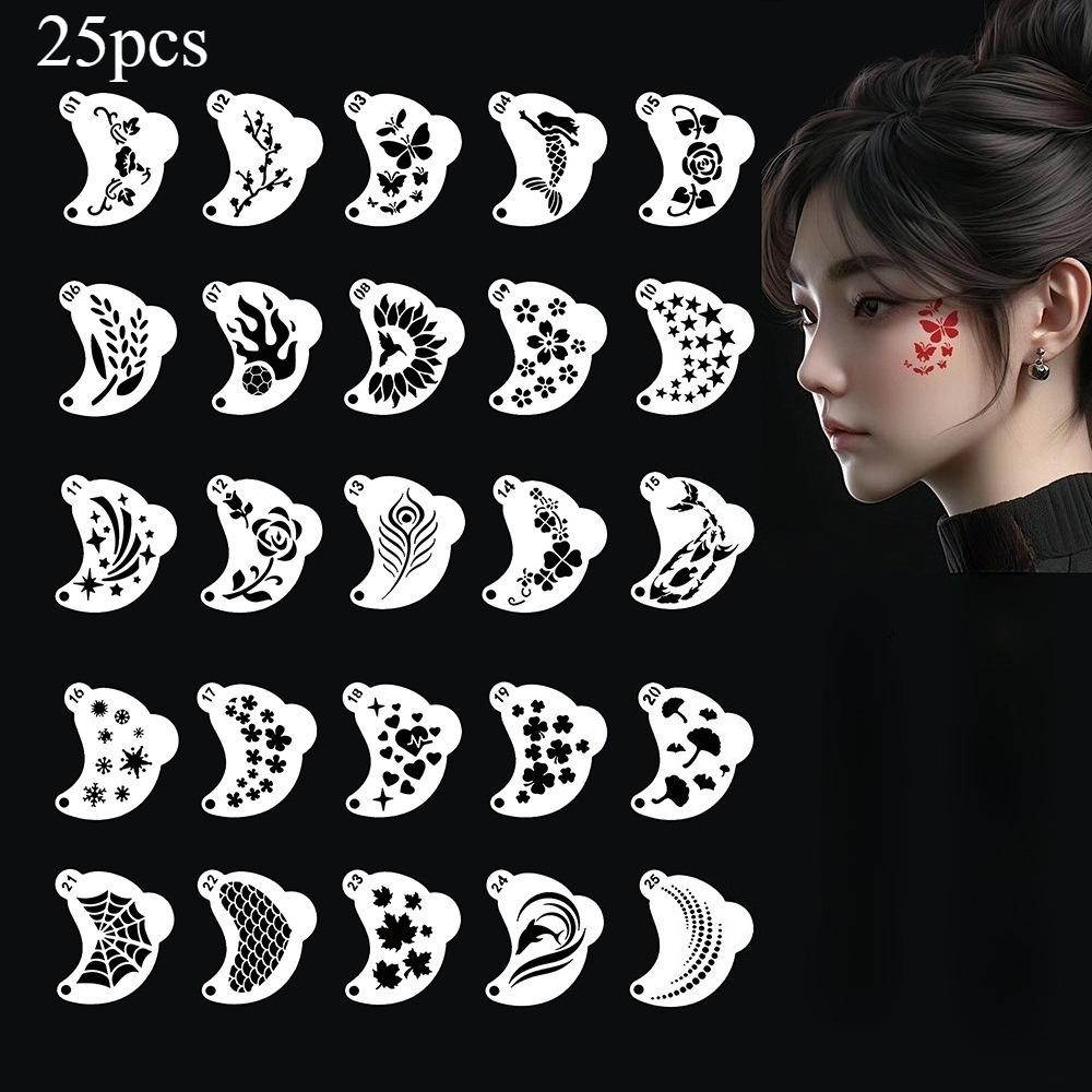 25pcs Face Painting Stencils Reusable Plastic Templates for Kids Adults Halloween Party Festivals DIY Art Design Various Pattern
