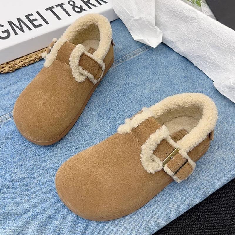 Fur Suede Women Flats Snow Boots Short Plush Casual Buckle Cotton Shoes 2025 Trend Walking Warm Cozy Winter New Botas De Mujer