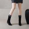 Krazing Pot Cow Suede Nubuck Round Toe Thick Heels Western Boots Size 42 Slip on Women Pleated Decoration Mid-calf Boots