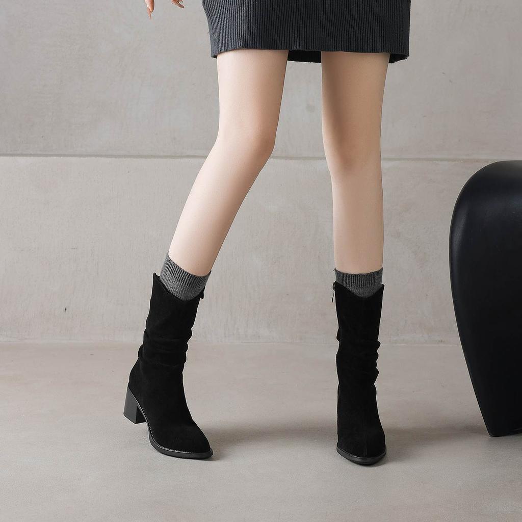 Krazing Pot Cow Suede Nubuck Round Toe Thick Heels Western Boots Size 42 Slip on Women Pleated Decoration Mid-calf Boots