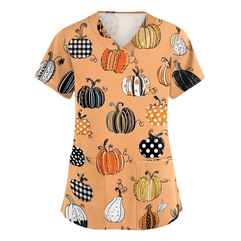 Women's V Neck Halloween Print Short Sleeve Medical Scrub Top with Pocket Side Slit Design Suitable for Healthcare Professionals