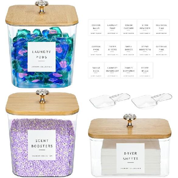 3 Pack Laundry Room Organization Storage Containers Acrylic Laundry Pod Containers and Dryer Sheet Holder with Lids and Labels for Laundry Detergent