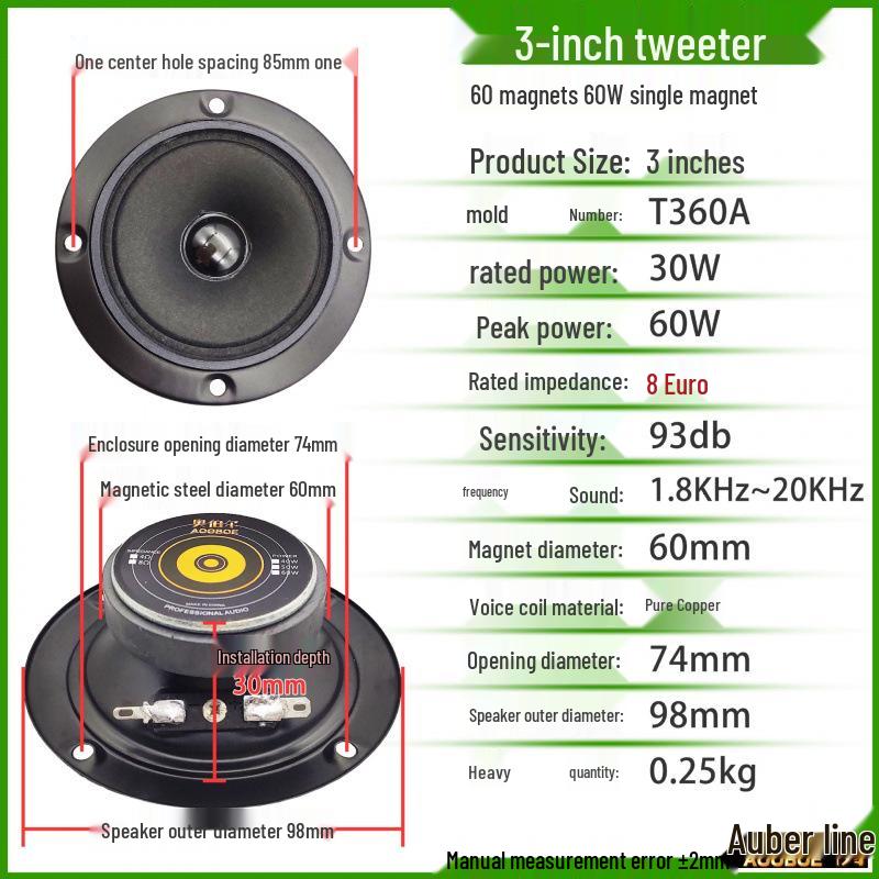 3-4 Inch Round Bookshelf Tweeter Speaker, 4/8 Ohm, Double Magnet, Car/Holder/KTV Audio.