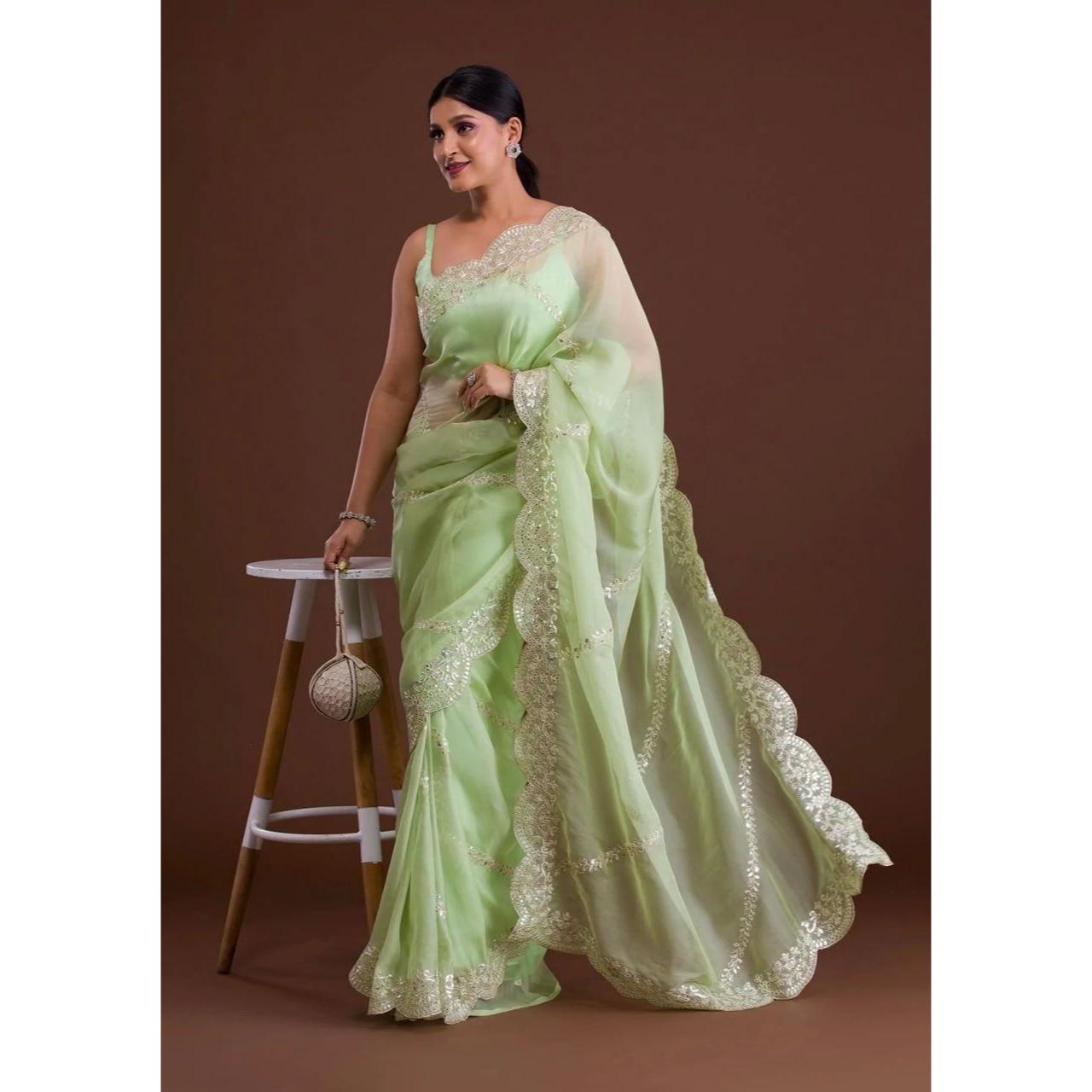 

Сари из хлопкового шелка, сари Gotapatti Net Designer с несшитой блузкой, сари из органзы