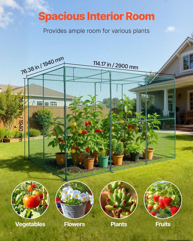 Crop Cage, 2.9 x 1.94 x 1.94 m Plant Protection Tent with Zippered Door, Wind-Resistant Tall Crop Cage, Easy to Install, Outdoor Raised Bed Cover,