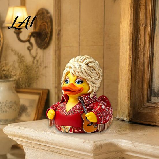 Creative Home Office Ornament Parton Memorial Duck Dolly Duck Figurine Country Music Statue Guitar-Themed Artistic Resin Animal Statue Decorative