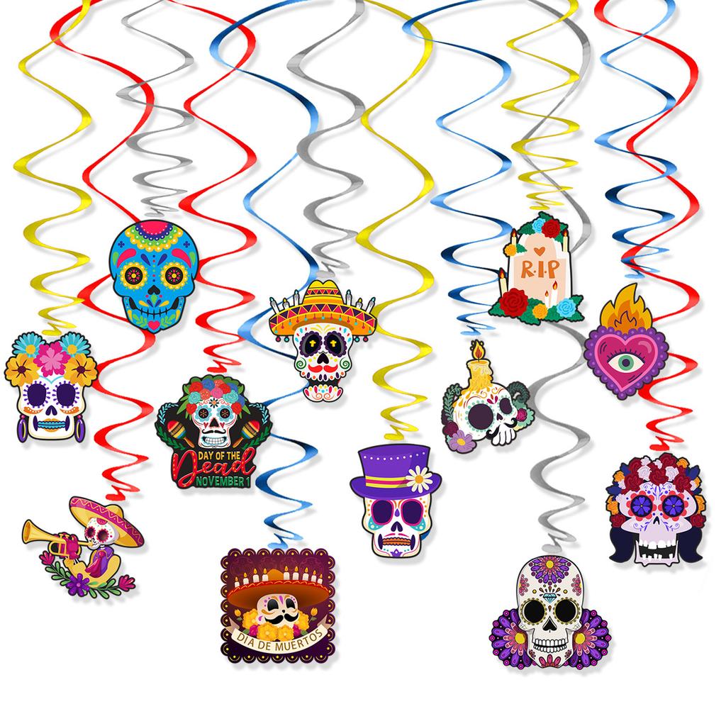 Mexican Day Of The Dead Themed Party Decoration Flower Skull Spiral Pendant Halloween Decoration Pendant