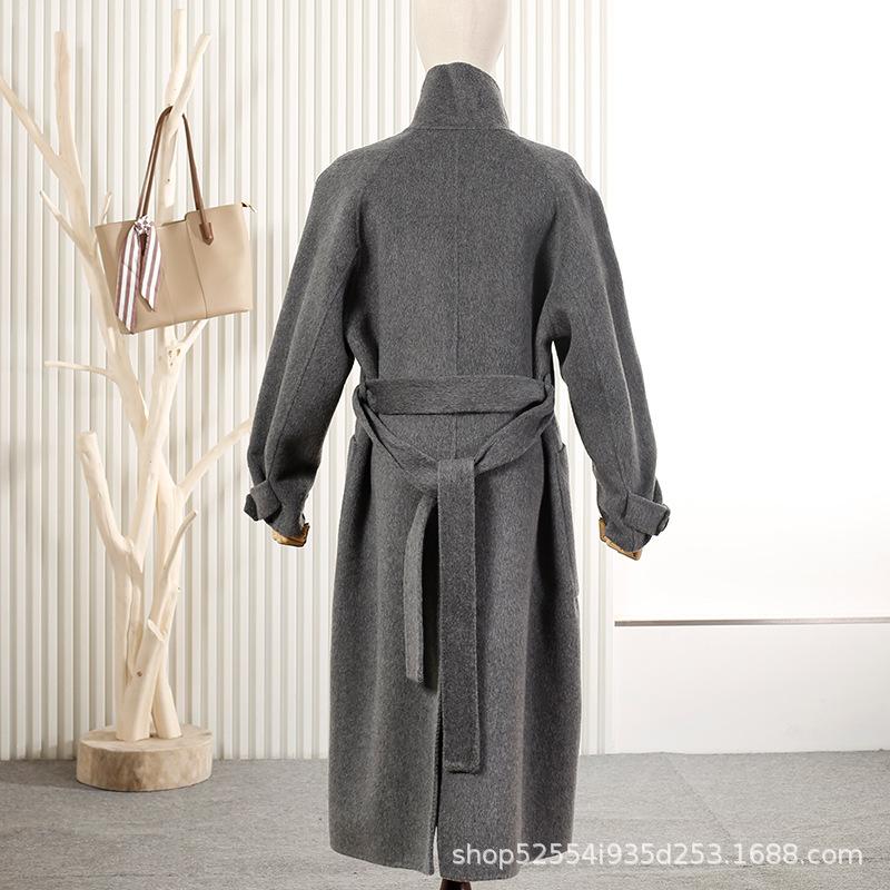Stand-up collar metal buckle long wool double-sided coat coat thin women's wool coat commuter coat wool
