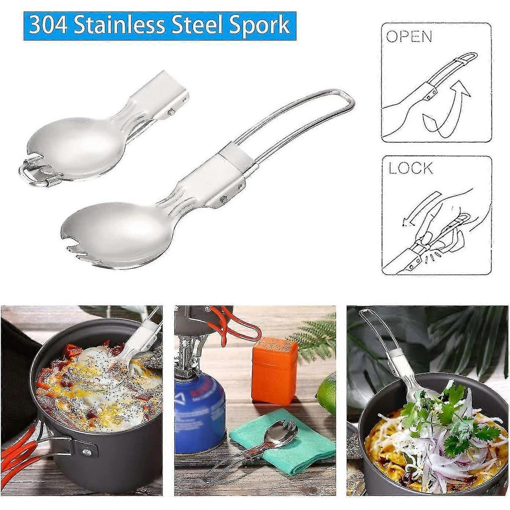 6pcs Camping Cookware Mess Kit With Lightweight Pot, Stove, Spork And Carry Mesh Bag, Great For Backpacking Outdoor Camping Hiking And Picnic