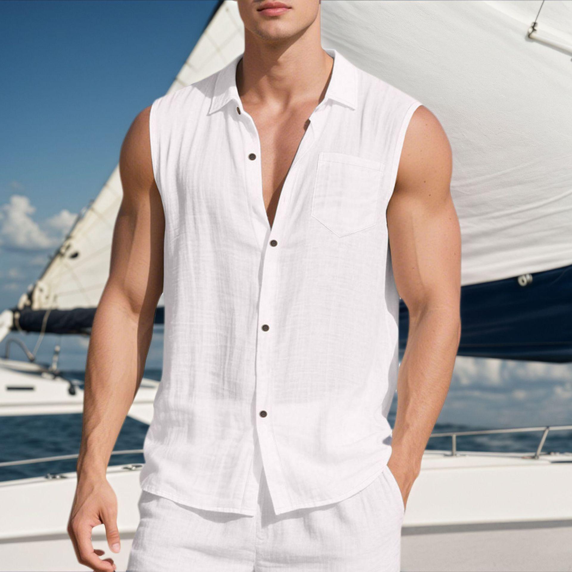 Men s Linen Blend Sleeveless Button-Down Shirt Collared Casual Tank Top XXXL белый