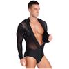 Mens Salsa Dance Leotard Deep V Neckline Sheer Mesh Inserts Sequined Tassel Details Rhinestone Bodysuit