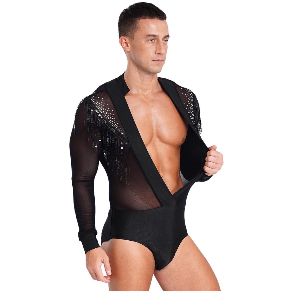 Mens Tassels Jazz Latin Dance Leotard Deep V-neck Sheer Mesh Patchwork Shiny Sequined Rhinestones Ballroom Shirts Bodysuit Rumba