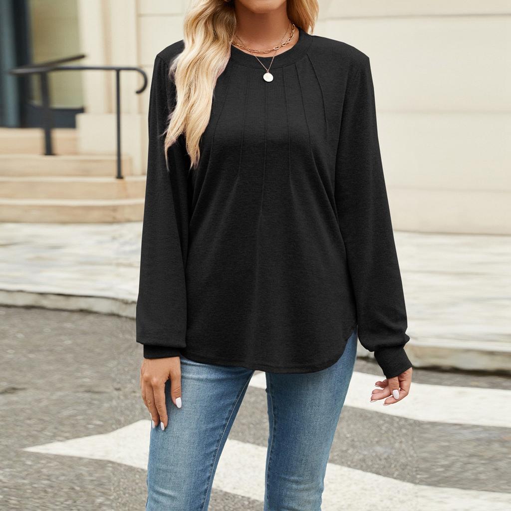 Femei moda casual culoare solidă față plisată guler rotund mânecă lungă pulover lejer top